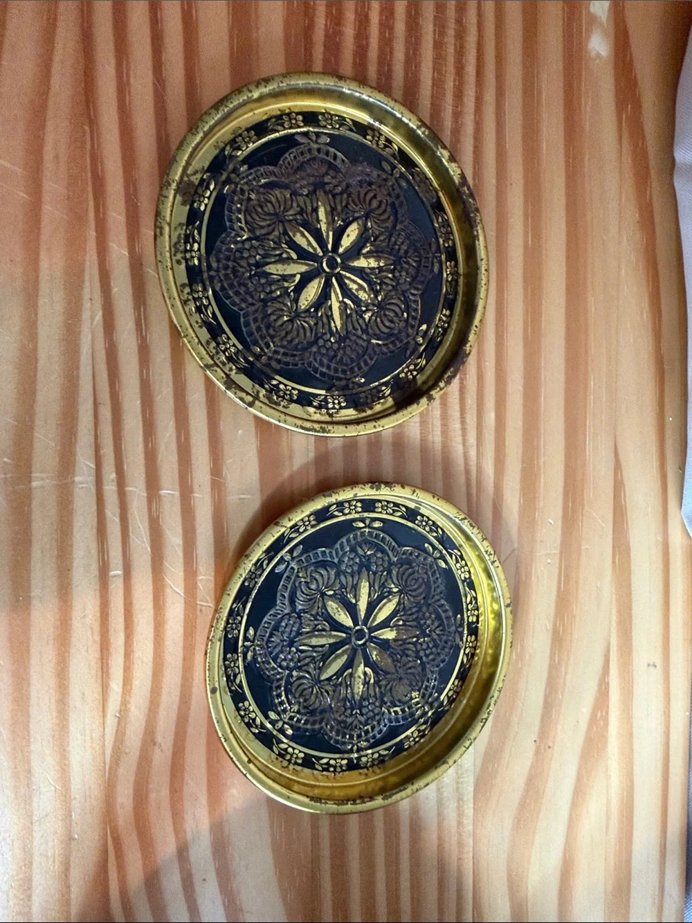 Vintage Stamped Brass Coasters Black Floral Rosette Design - Pair of 2